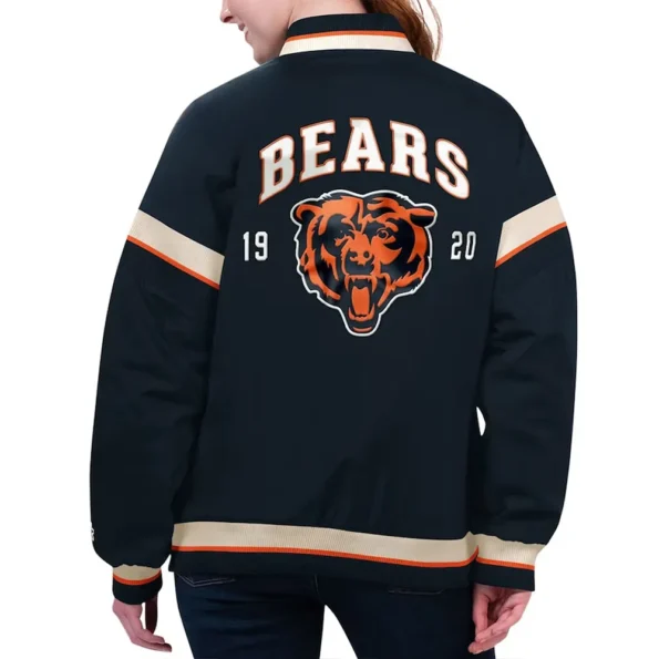 Model wearing Chicago Bears Tournament Varsity Jacket back