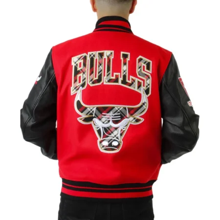 Model wearing Chicago Bulls Plaid Patch Varsity Jacket back view