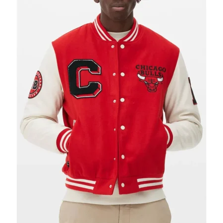 Model wearing Chicago Bulls Varsity Red Jacket front