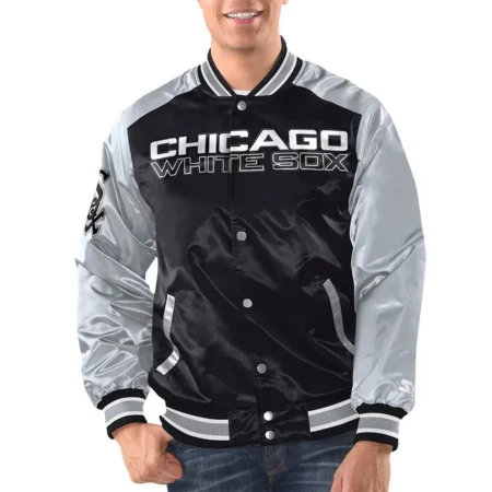 Model wearing Chicago White Sox Renegade Varsity Jacket front