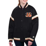 Model wearing Cincinnati Bengals Black Varsity Jacket front