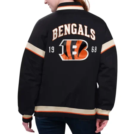 Model wearing Cincinnati Bengals Black Varsity Jacket back