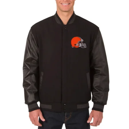 Model wearing Cleveland Browns Varsity Wool Jacket front