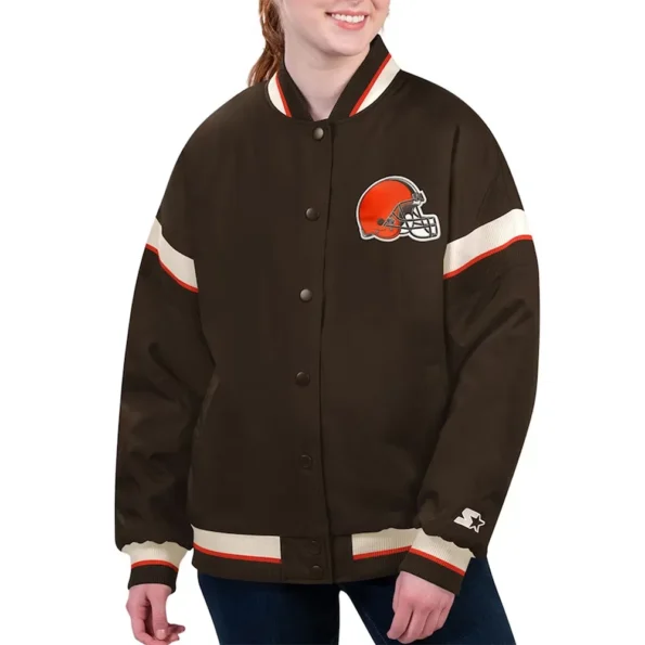 Model wearing Cleveland Brown Tournament Varsity Jacket front