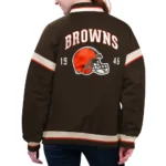 Model in Cleveland Brown Tournament Varsity Jacket Front