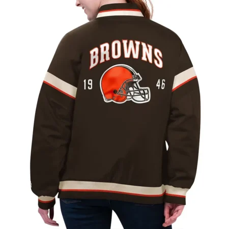 Model wearing Cleveland Brown Tournament Varsity Jacket back