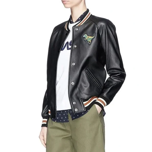 Side view of model in Rexy Varsity Leather Jacket