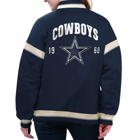 Model wearing Dallas Cowboys Tournament Varsity Jacket back