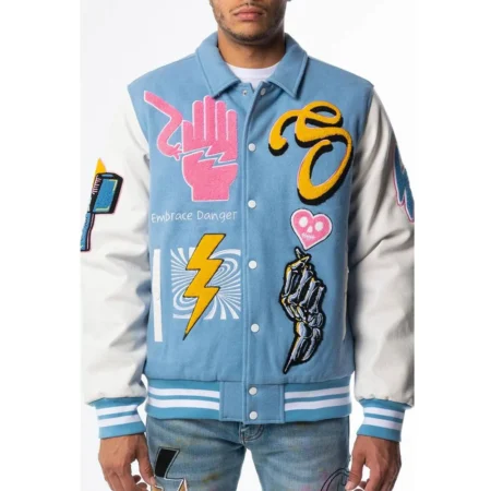 Model showcasing Sugarhill Danger Varsity Jacket front view