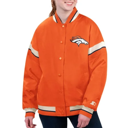 Model wearing Denver Broncos Tournament Varsity Jacket front