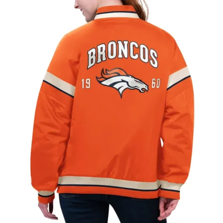 Model wearing Denver Broncos Tournament Varsity Jacket back