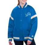 Model wearing Detroit Lions Tournament Varsity Jacket front