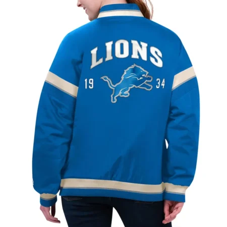 Model wearing Detroit Lions Tournament Varsity Jacket back