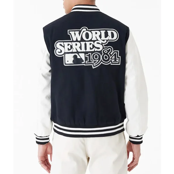 Model wearing Detroit Tiger World Series Varsity Jacket back