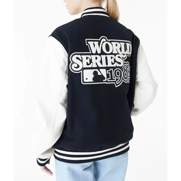 Model wearing Detroit Tiger World Series Varsity Jacket back