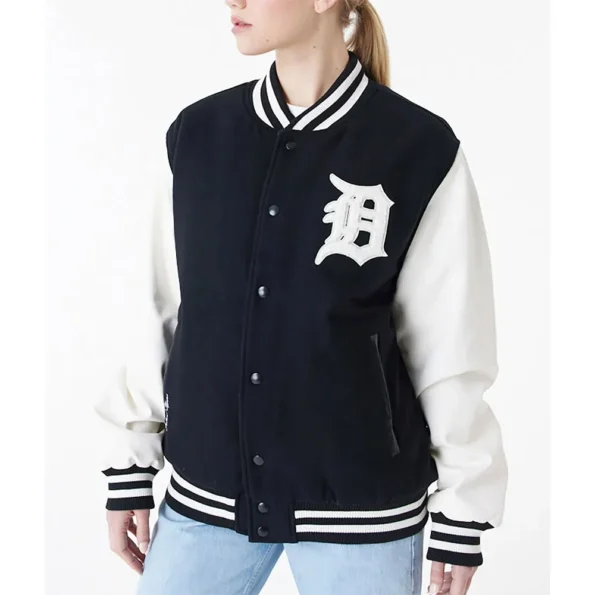 Model wearing Detroit Tiger World Series Varsity Jacket front