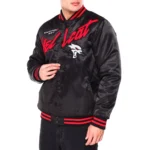 Model in Dodge Hellcat Flame Varsity Satin Jacket Front