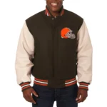 Model wearing Domestic Cleveland Browns Varsity Jacket front