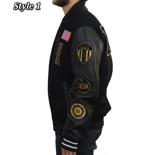 Side view of model in USA Dream Team Destroyed Varsity Jacket