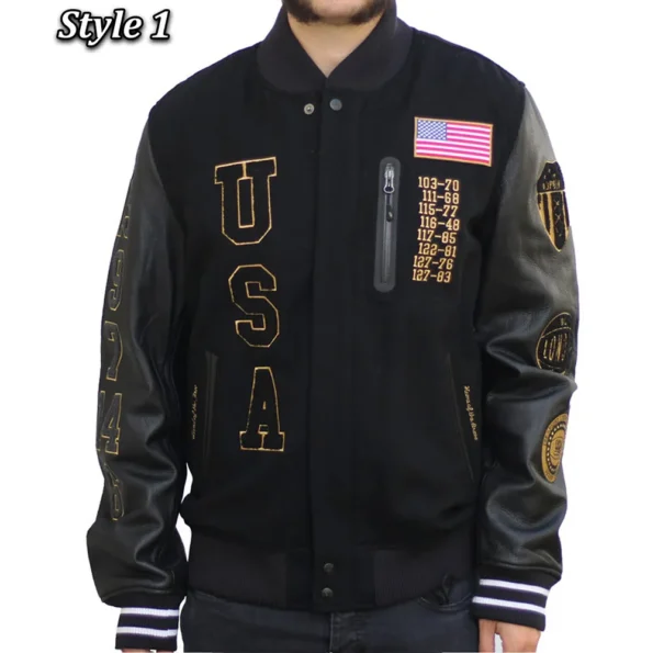 Model wearing USA Dream Team Destroyed Varsity Jacket front view