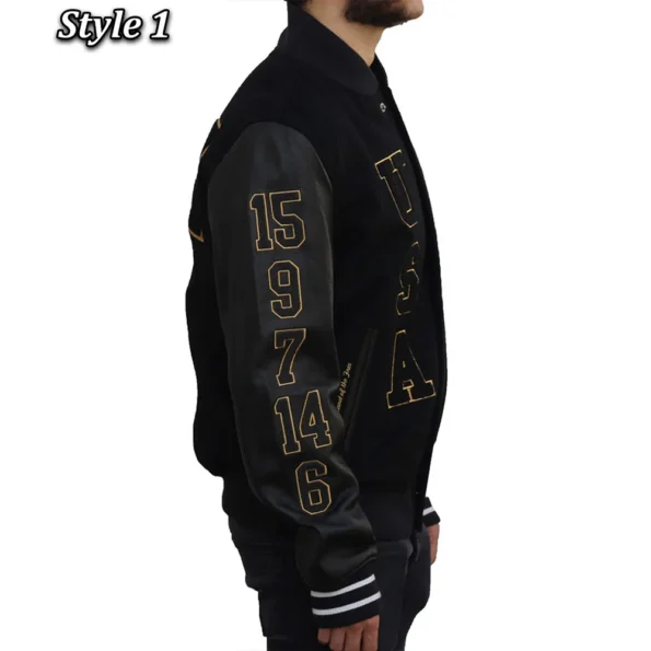 Side view of model in USA Dream Team Destroyed Varsity Jacket