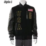 Model in USA Dream Team Destroyed Varsity Jacket Front