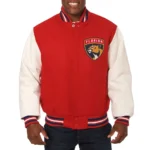 Model wearing Florida Panthers Varsity Red Jacket front