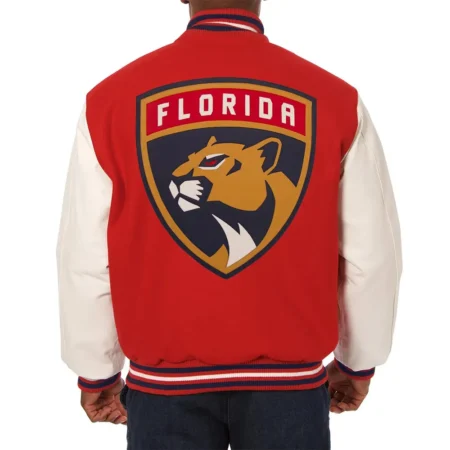 Model wearing Florida Panthers Varsity Red Jacket back