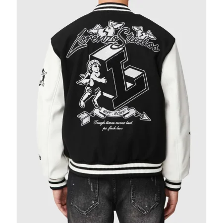 Model wearing Tough Love Black and White Varsity Jacket back