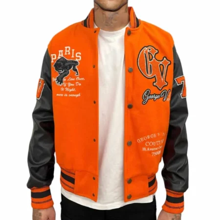 Model showcasing George V Panther Varsity Jacket front view