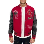 Model showcasing George V Panther Varsity Jacket front view