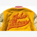 John Geiger Gold and Beige Varsity Jacket Front