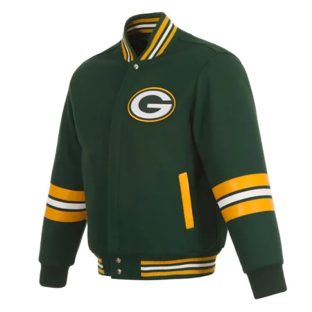 Front view of Green Bay Packers Striped Varsity Jacket