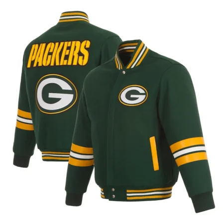 Front and back view of Green Bay Packers Striped Varsity Jacket