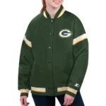 Model wearing Green Bay Packers Varsity Jacket front