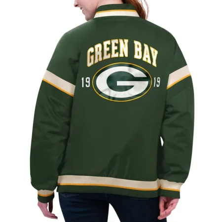 Model wearing Green Bay Packers Varsity Jacket back