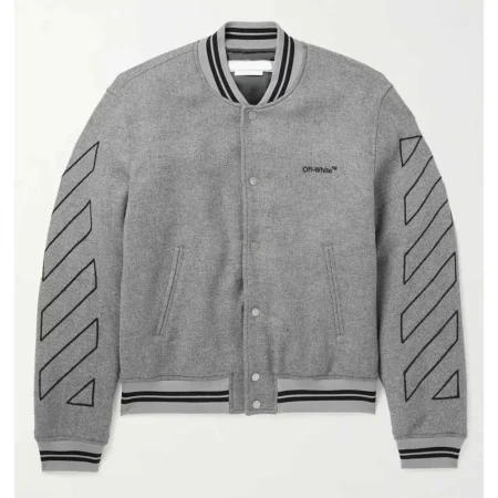 Front view of Grey Off White Varsity Wool Jacket