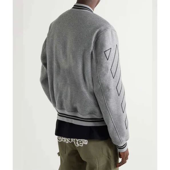 Model wearing Grey Off White Varsity Wool Jacket back