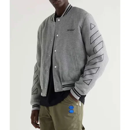 Model wearing Grey Off White Varsity Wool Jacket front