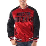 Model in Houston Rockets Renegade Varsity Jacket Front