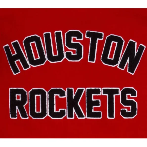 Close-up of Houston Rockets Varsity Red Jacket details