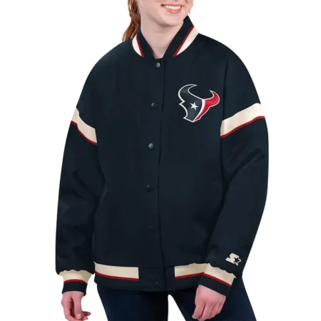 Model wearing Houston Texans Tournament Varsity Jacket front