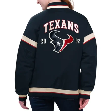 Model wearing Houston Texans Tournament Varsity Jacket back