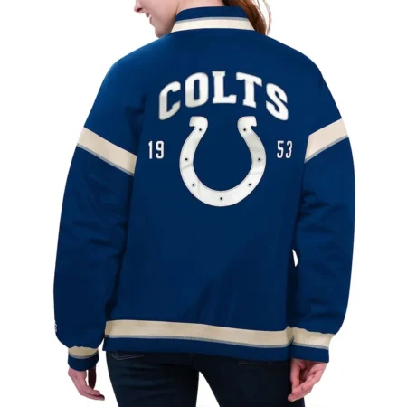 Model wearing Indianapolis Colts Royal Varsity Jacket back