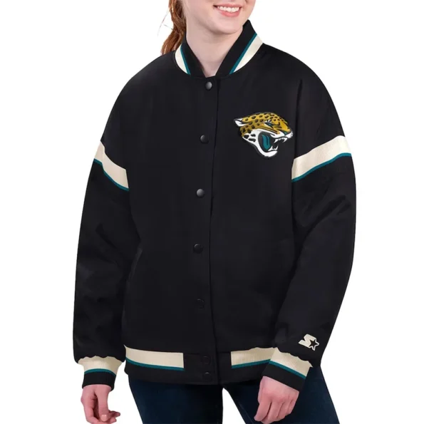 Model wearing Jacksonville Jaguars Varsity Jacket front