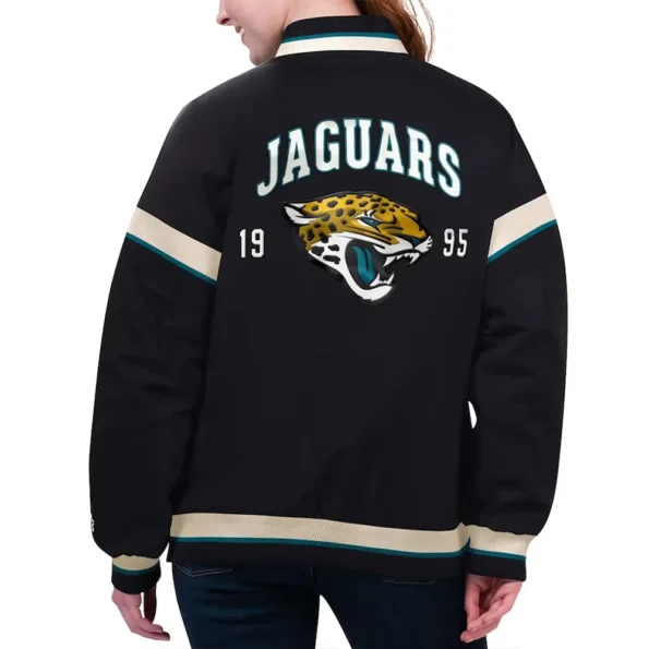 Model wearing Jacksonville Jaguars Varsity Jacket back