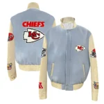 Front and back view of JH Kansas City Chiefs Varsity Blue Jacket