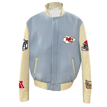 Front view of JH Kansas City Chiefs Varsity Blue Jacket