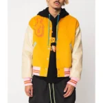 John Geiger Gold and Beige Varsity Jacket Front