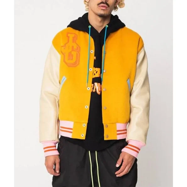 Model wearing John Geiger Gold and Beige Varsity Jacket front view